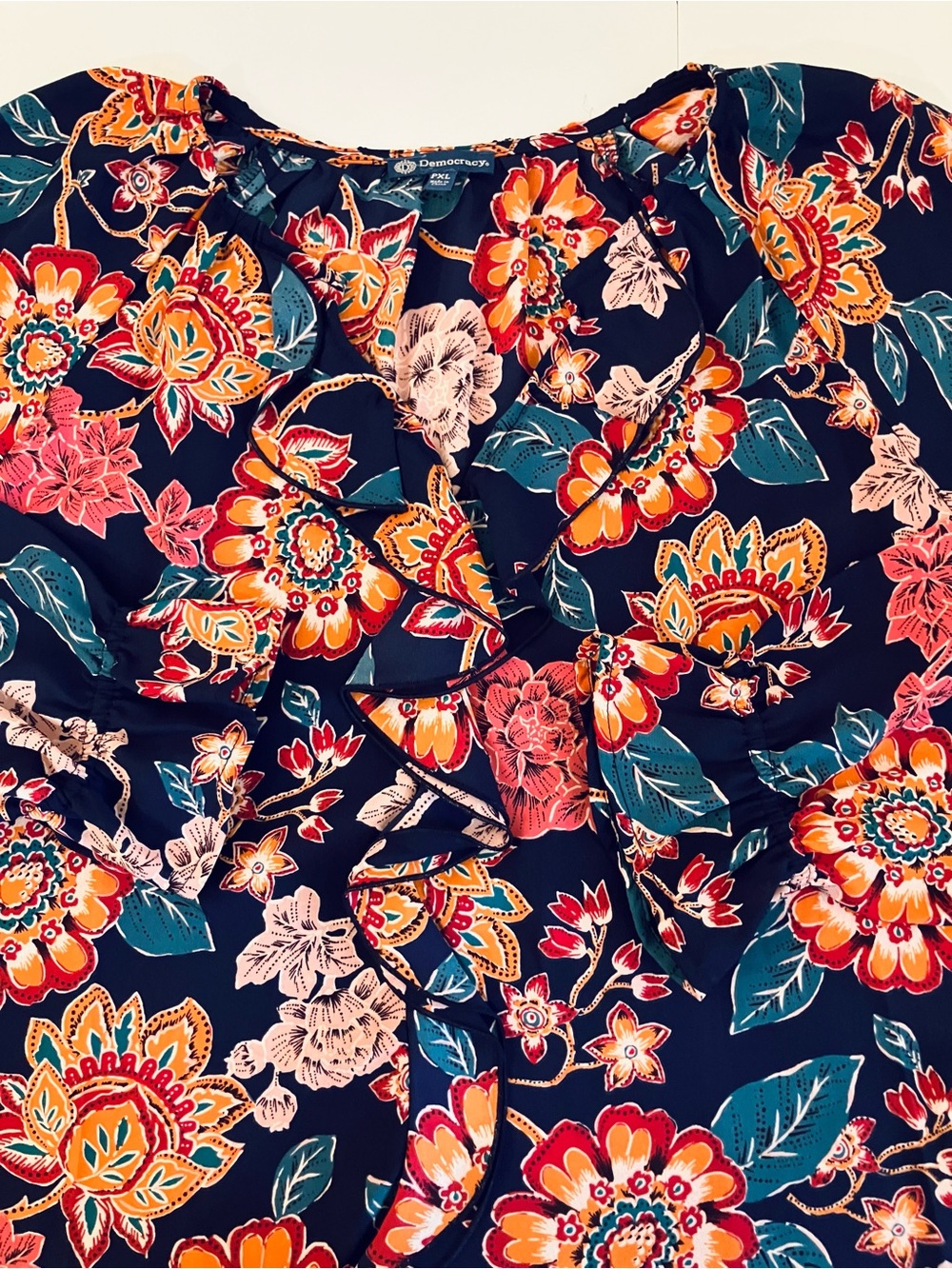 Democracy Floral Longsleeve Vneck Ruffle Peasant Blouse X-Large - Picture 12 of 12